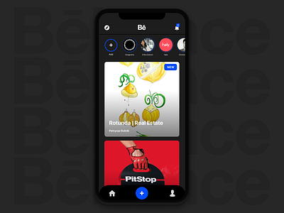 Behance app concept iPhone X behance cards dark ui graphic design home ui ux work in progress