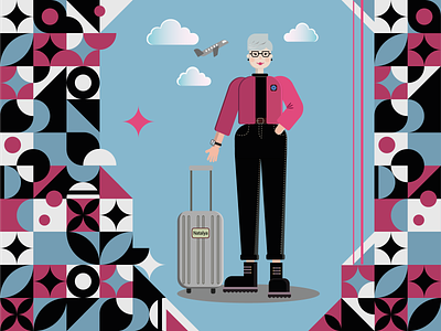 Character and pattern design aero baggage blue character dream fly geometry grayhaire jacket jeance luggage pattern pink plane travel woman