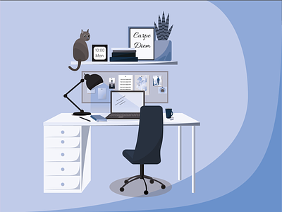 Workplace blue cat chair graphic design home illustration job notebook office shelf table vector work workplace workstation