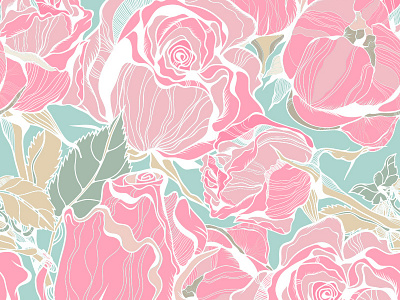 Cute seamless pattern with roses and peonies. cartoon flat flower graphic marushabelle summer vector