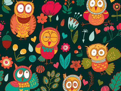 Crazy owls pattern))) cartoon flat flower graphic marushabelle summer vector