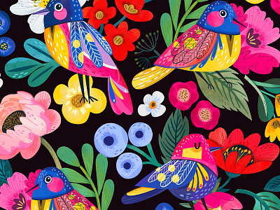 Birds from the Garden of Paradise birds bright floral floral pattern flower flowers illustration marushabelle pattern raster