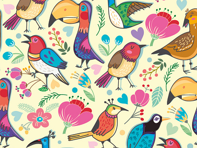 Pattern of birds and flowers bird flat floral graphic marushabelle pattern seamless vector