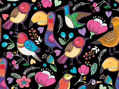 Birds Bright Pattern Black birds bright color crazy pattern flat flower marushabelle pink