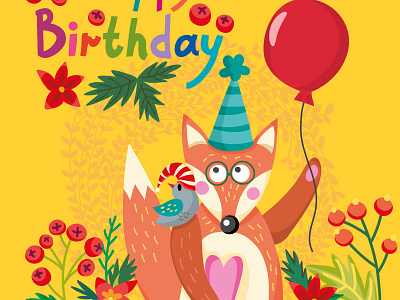 Happy Birthday bright color flat flower fox marushabelle stars