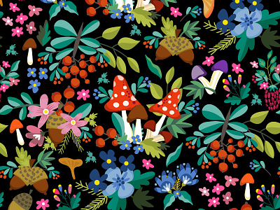 Night in the magical forest autumn bright floral forest marushabelle pattern