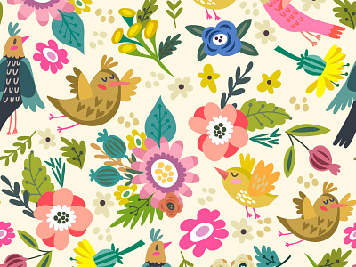 Spring pattern birds floral pattern marushabelle pattern spring