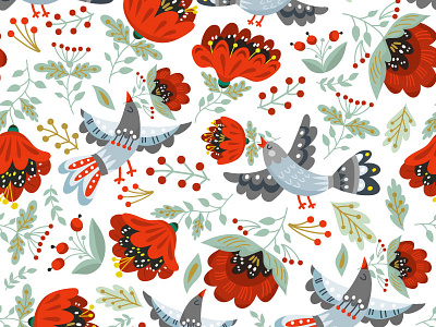 Poppies and Birds pattern