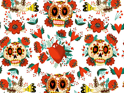Skull Decorative Pattern birds folk happy halloween love marushabelle pattern poppies skull