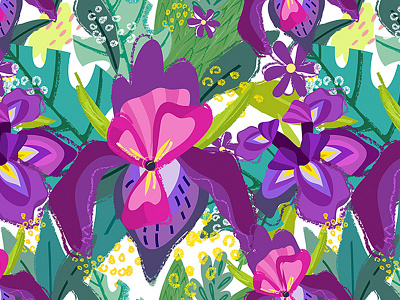 Iris pattern flowers garden hand draw leaves marushabelle pencil soft spring vector