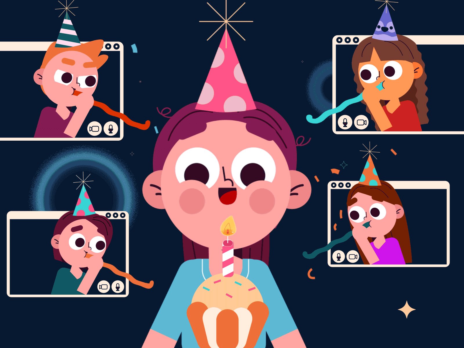Isolate Birthday Party animation design birthday birthday party blessed cake candle celebrate character characterdesign design homealone illustration isolate motion motion animation party party hat quarantine videocall wishes