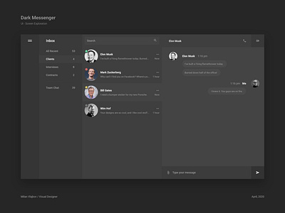 Dark Messenger black chat chat app chatting clean dark dark app dark mode dark theme dark ui message messages messaging messenger minimal text ui ui ux ui design uidesign