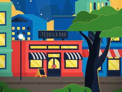 Tequila Bar adobe illustrator animation bar building cafe cityscape explainer video illustration lights night city pub stars street tree vector
