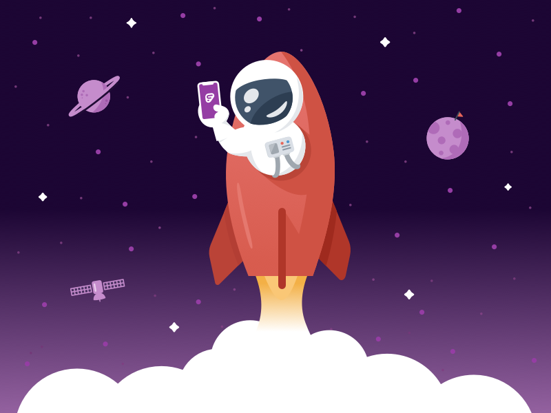"Work Without Limits" Welcome Screen Concept purple illustration take off iphone app rocket satellite saturn moon planet astronaut space