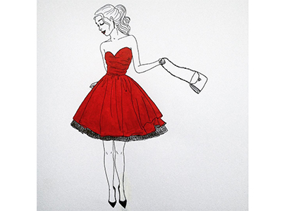 Pretty woman in red dress. Ink and watercolor drawing of a beautiful woman  in red dress. | CanStock