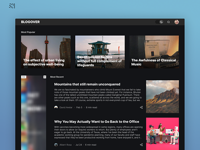 Blogging website - Blogover articles blog blog posting blogs dark mode design feed ui ux uxui design web design writing