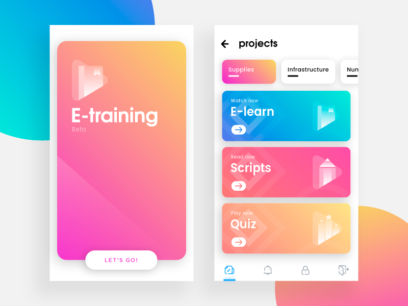E-Training mobile android ios ux ui project business management colorful gradient card app