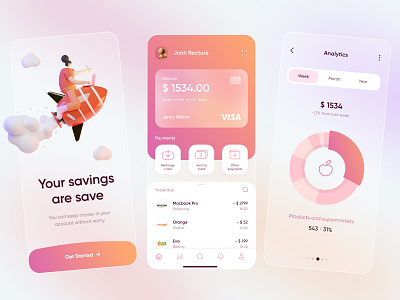 Banking App banking minimal mobile orange statistic uiux violet white