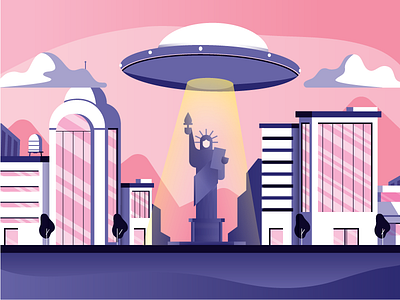 UFO in New York Illustration alien city flat design illustration liberty new york pink purple ufo