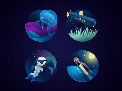 icon dive drift bottle medusa sea submarine