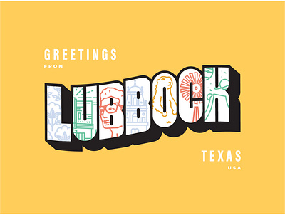 A Post Card for LBK buddy holly cactus theatre design illustration lubbock minimal post card postcard prairie dog simple texas texas tech typography windmill
