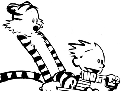 Calvin & Hobbes in a wagon