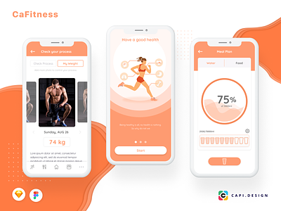 CaFit - Fitness Mobile App UI Kit Free app capi creative design figma fitness free mobile mobile app sketch ui kit vector
