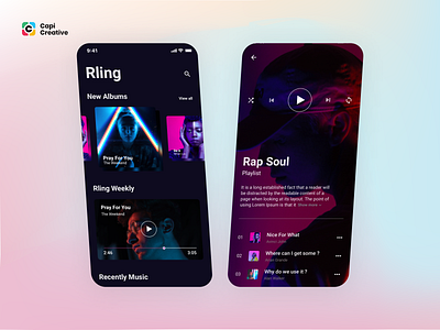 RLING - Amazing Music App UI Kit app artist capi creative design general illustration list logo mobile music musical play pop rock sketch ui ui kit
