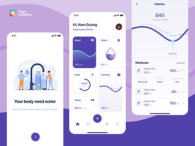 UI Health Concept app branding capi chart creative design details graph health heart home illustration logo mobile onboard steps tracker ui ui kit water