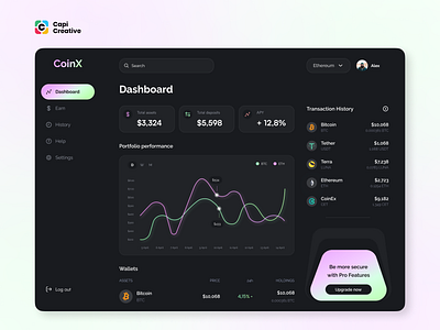 CoinX - Crypto Dashboard Design assets balance capi crypto dark dashboard design finance neon portfolio transaction ui wallet
