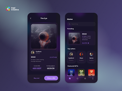 NFT UI Concept app auction bid capi home market place mobile nft seller ui