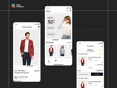 Ayan - Fashion eCommerce App Design app capi cart casestudy checkout design ecommerce home hot deal minimal mobile product detail progress ui ui kit ux