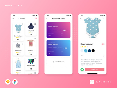 Moby Baby E-commerce Mobile App UI Kit app baby capi creative design ecommerce figma ios mobile moby sketch ui ui kit vector