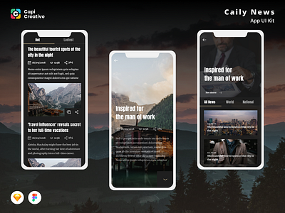 Caily News Mobile App UI Kit app caily capi creative design figma ios mobile news news app sketch ui ui kit