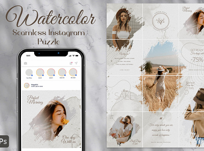 Watercolor Seamless Instagram Puzzle adobe photoshop boho branding brown canva design floral illustration insta instagram instagram puzzle instagram template neutral painting post seamless template watercolor