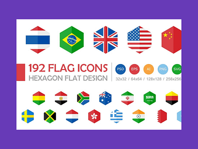 192 Flag Icons Hexagon Flat Design