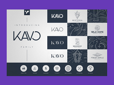 Kavo Family – 17 Modern Regular Fonts + 24 logos