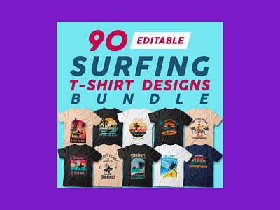 90 Surfing T-shirt Designs Bundle
