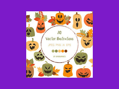 Halloween Pumpkins and Fall Leaves Vector Illustrations