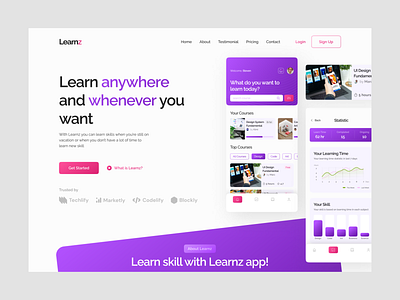 Learnz - Learning App Landing Page above the fold app branding design home home page home screen landing page learn learnz light light mode mobile app landing page purple ui ui design ui ux uiux website