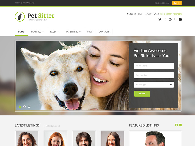 PetSitter - Job Board Responsive WordPress Theme animal care cat dog green light pet sitter sitting template themeforest site