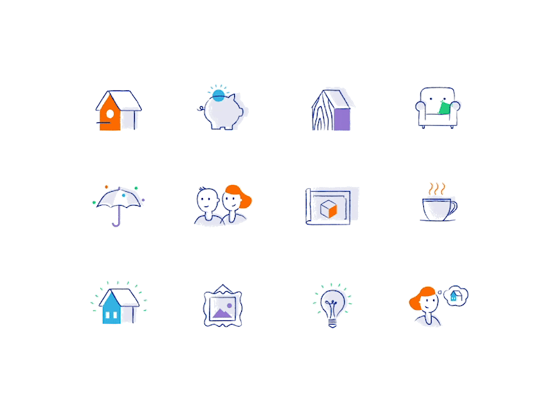 Bidli illustrations building bulb chair coffee develop developement energy frame guide home illustration illustrator moving outline icon property services simple umbrella values