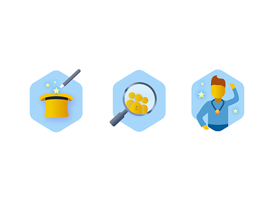 Icon set first group illustration magic magic wand magnify glass people stars top top hat winner