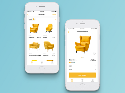 Shopping Experience Exploration buy chair color select ecommerce exploration favorites furniture furniture store interface iphone mockup shopping app shopping cart shopping experience size ui uiux uxdesign wishlist yellow
