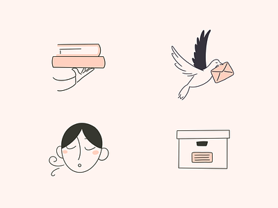 Icon illustrations for Feelmo article bird book box breath breathing doodle dove editorial file icon illustration library log meditation message mindfulness vector
