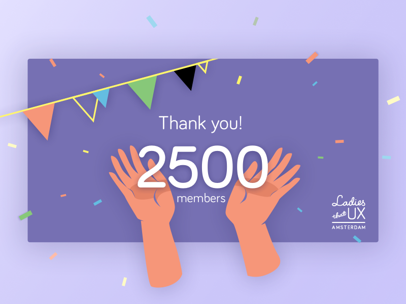 2500 Members celebrate illustration purple confetti flag garland thank you card hands vector 2500 ladies that ux amsterdam