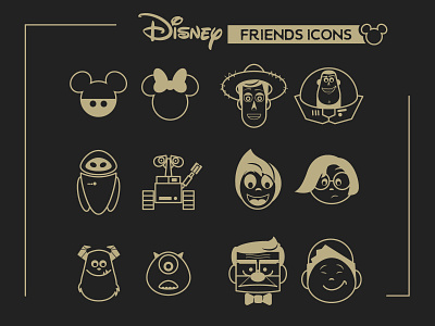 Disney Friends Icons black disney disneyland friends fun gold graphic design icons illustration illustrator mickey mouse pixar toy story up vector vector art wall e