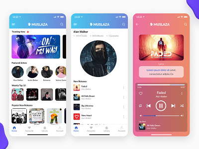Music App - MUSLAZA | User Interface app branding design figma icon mobileapplication musicapplication musiclover musicplayer typography ui userinterface ux vector