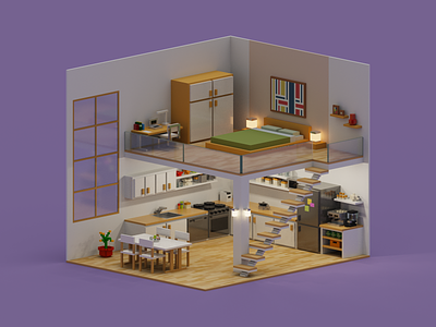 Loft 3d apartment bedroom home kitchen loft magicavoxel render voxel voxelart