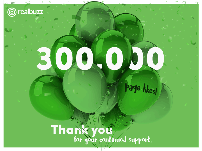 Realbuzz reaches 300k likes on FB balloons confetti followers likes realbuzz thank you